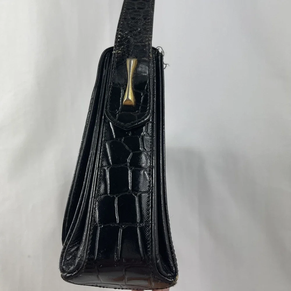 Vintage Crocodile Leather Handbag with ,Gold Hardware,Leather Inside, Black‎